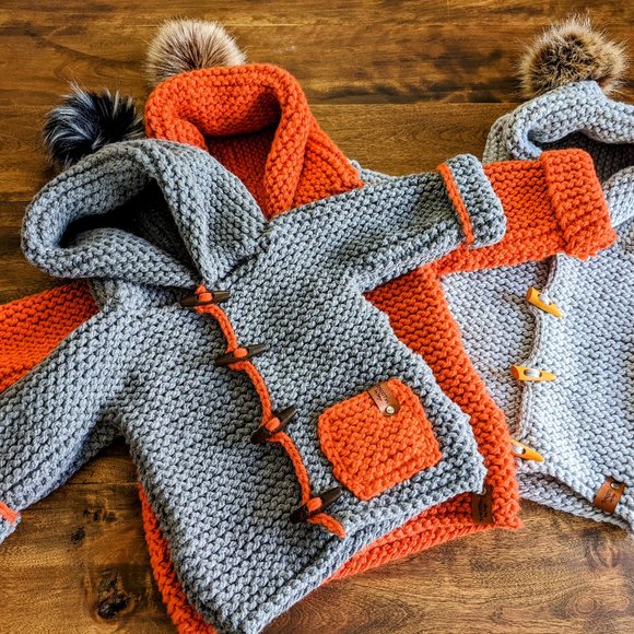 Hand knitted Dark grey coat with cape and pompom - Picture 1 of 9